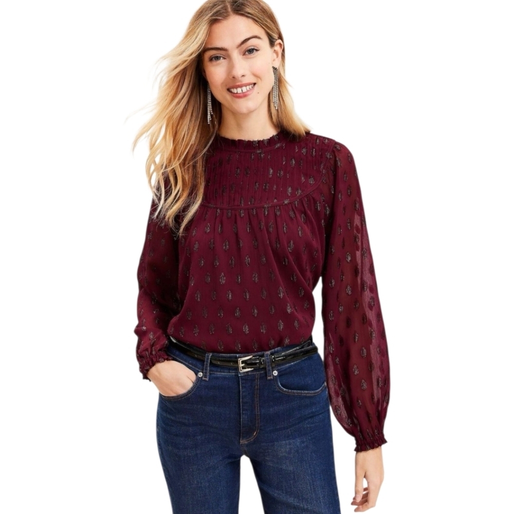LOFT Wine Colored Pleated Peasant Chiffon Blouse Top Size Large